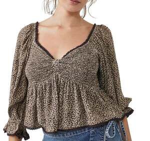 Free People Brittnee Print Smocked Peplum Top Brown Combo